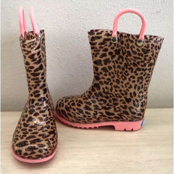 Zoogs Toddler Girl's Sz 8 Tan & Pink Leopard Print Rain Boots - Picture 3 of 9